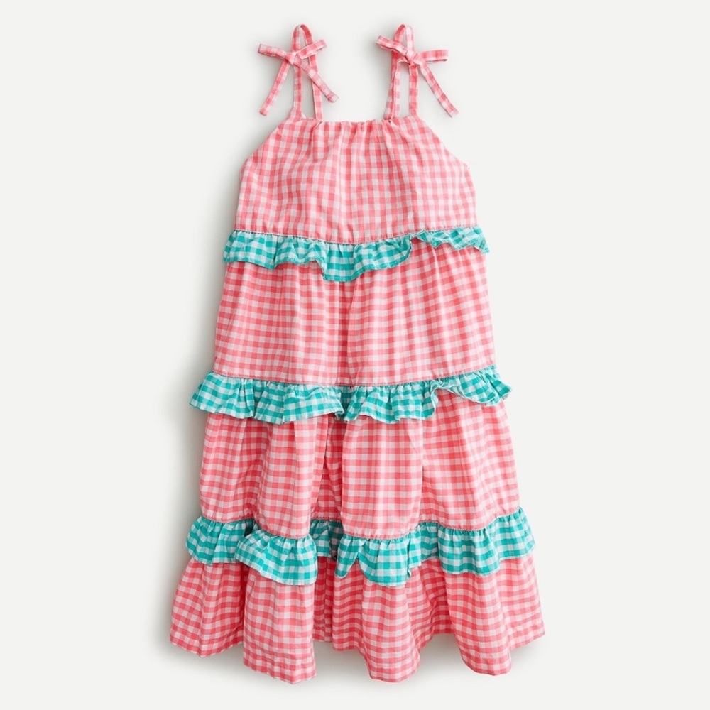 J Crew Crewcuts Gingham Tiered Ruffle Dress Pink Green Size Girls 5
